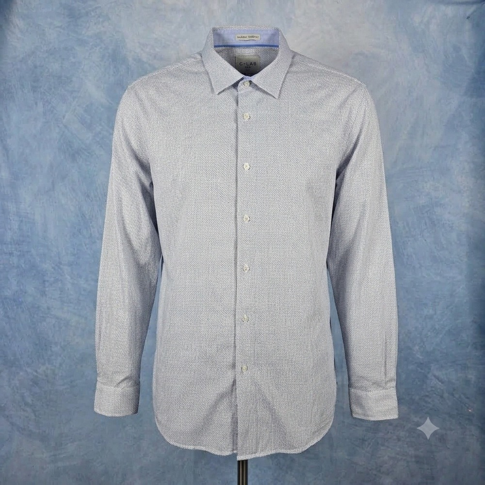 C-Lab NYC Mens XL Blue White Geometric 4-Way Stretch Slim Fit Dress Shirt